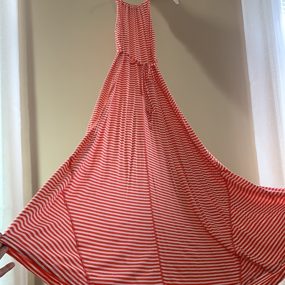 Coral and white striped boatneck drawstring dress